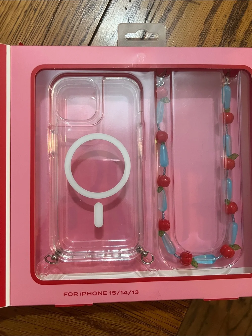 Pencey Pink-Trim Clear iPhone Case with Red Cherry & Light Blue Beaded Strap